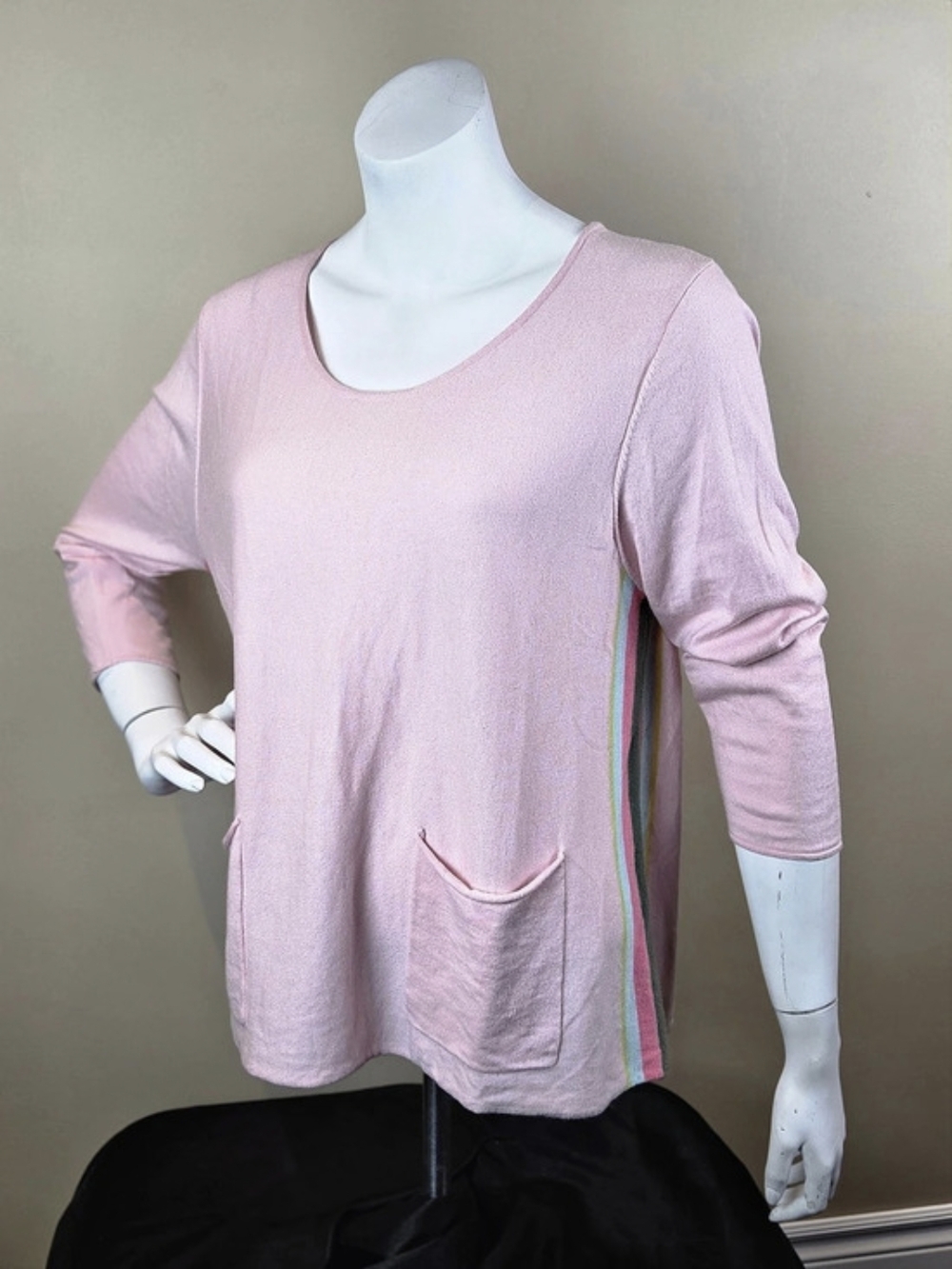 Silk Cotton Nylon Blend Knit Tunic with Rainbow Stripe Side Trim Sz XL Quality